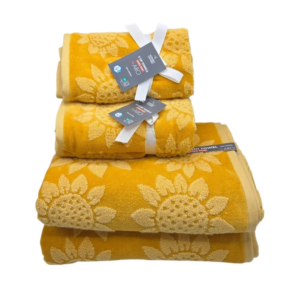 Caro Home Mustard Yellow Sunflower Cotton Towel Set 6pc Fall Harvest Collection